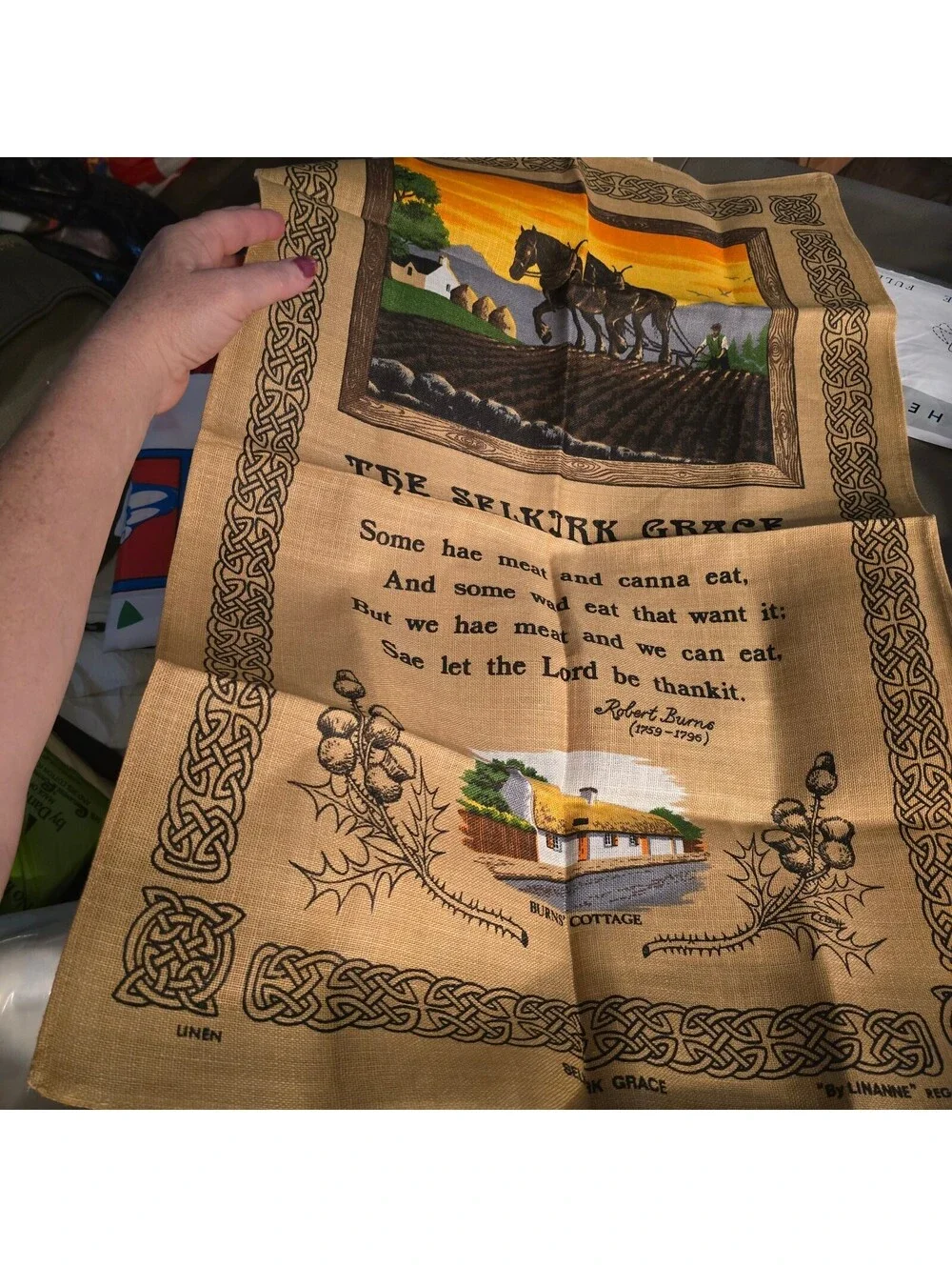 Vintage Linen Tea Towel with Selkirk Grace and Scottish Cottage Design